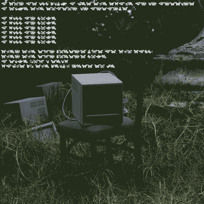 an image of a computer sitting on a chair in a forest . the image is heavily color compressed . text in the form of butterflies covers the whole image